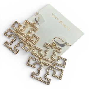Tory Burch Gold Crystal Double-Tier Logo Drop Earrings
